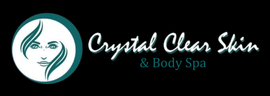 The logo for crystal clear skin and body spa shows a woman 's face in a circle.